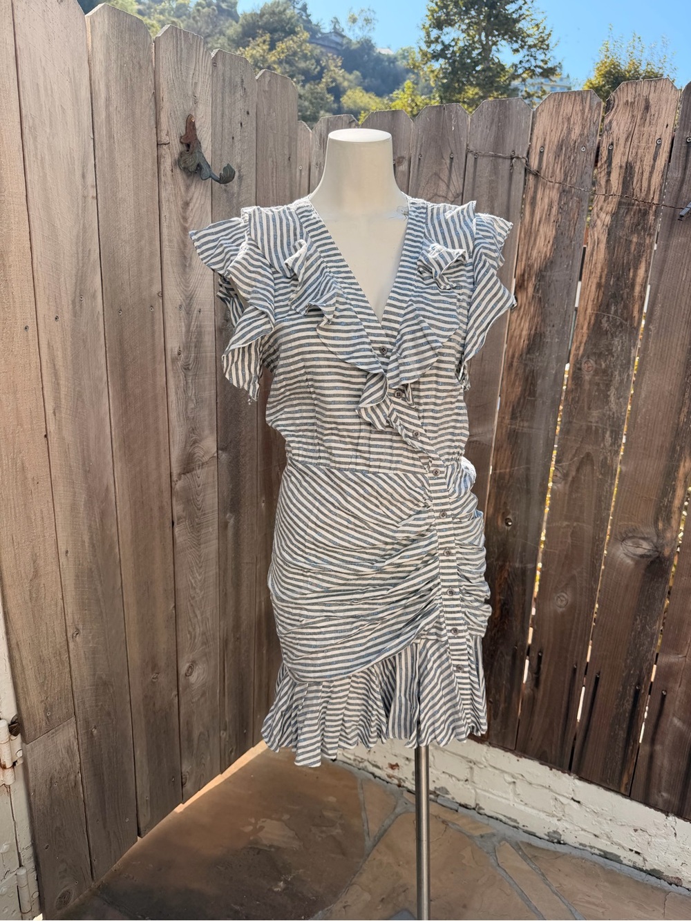 Veronica Beard Kai Striped Ruffle Button-Front Mini Dress in Blue & White - Picture 2 of 13